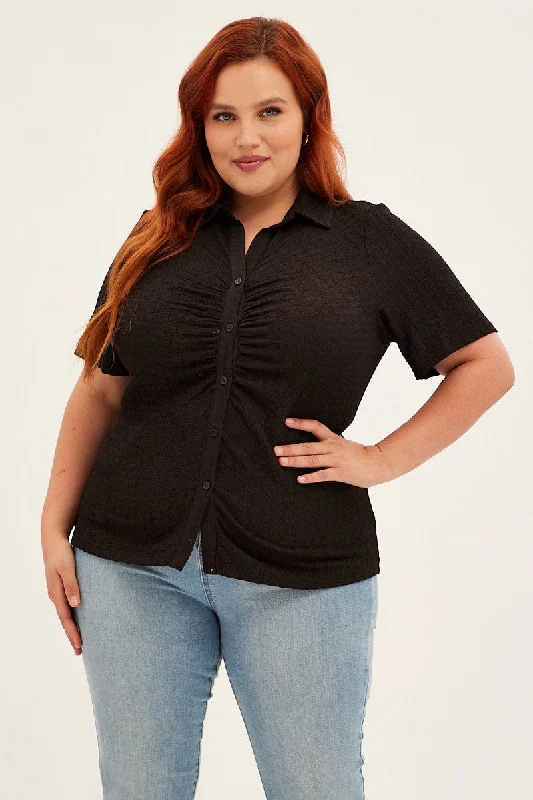 Black Ruched Shirt Short Sleeve Button Up