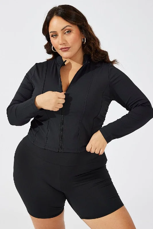 Black Zip Up Side Ruched Top