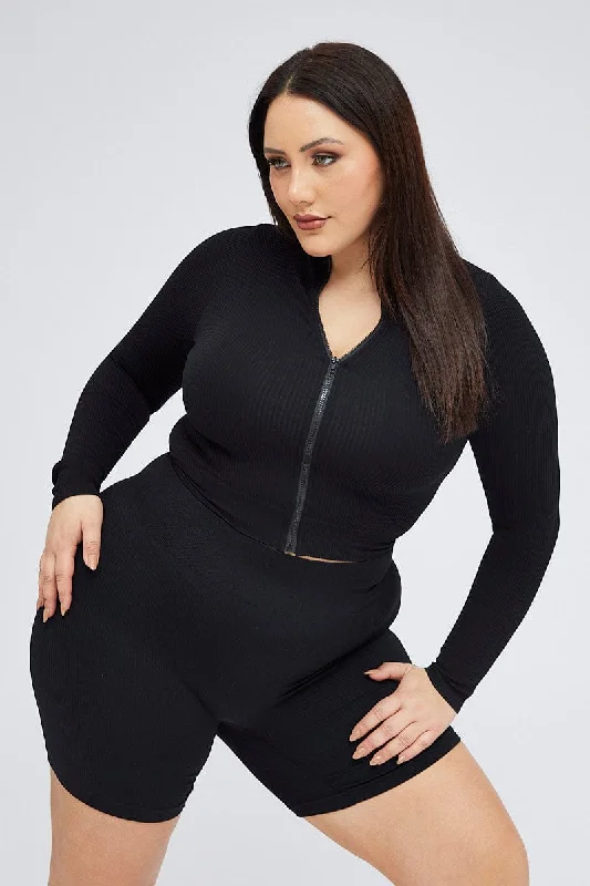 Black Zip Up Top Long Sleeve Seamless