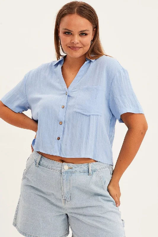 Blue Crop Shirt Short Sleeve Button Up