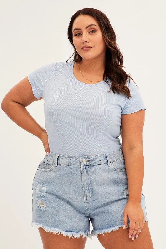 Blue Scoop Neck Short Sleeve Crop T- Shirt