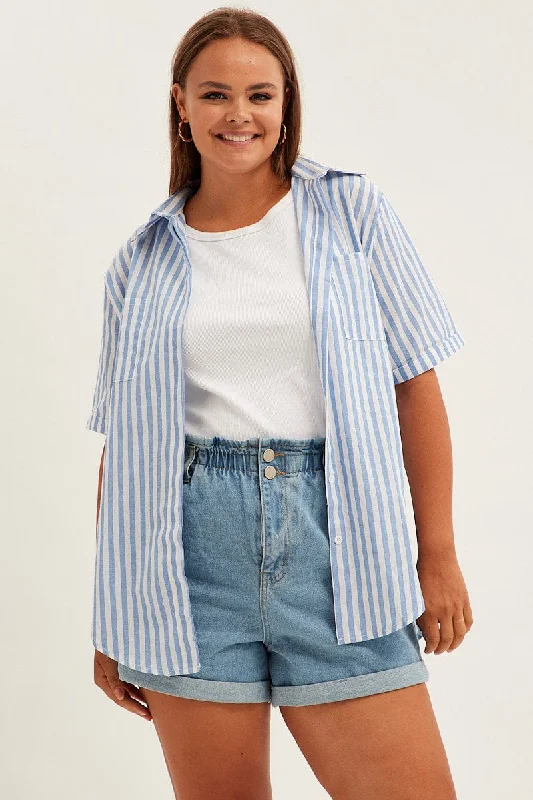 Blue Stripe Relaxed Shirt Short Sleeve Button Up