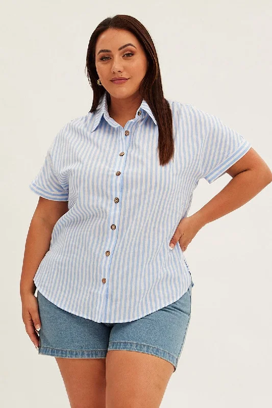 Blue Stripe Relaxed Shirt Short Sleeve Button Up