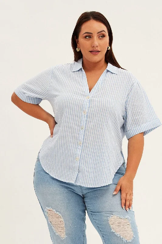 Blue Stripe Relaxed Shirt Short Sleeve V-neck Button Up