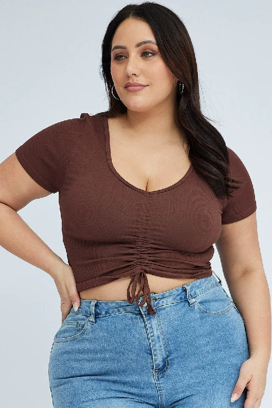 Brown Ruched Top Short Sleeve V-neck Seamless