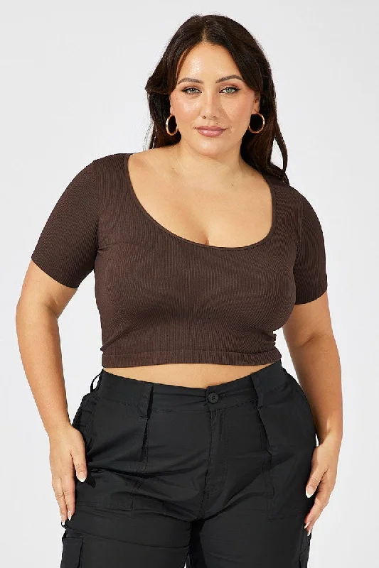 Brown T-shirt Short Sleeve Scoop Neck Seamless