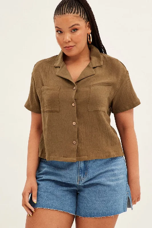 Green Crop Shirt Short Sleeve Button Up