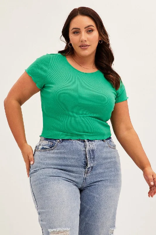 Green Scoop Neck Short Sleeve Crop T- Shirt