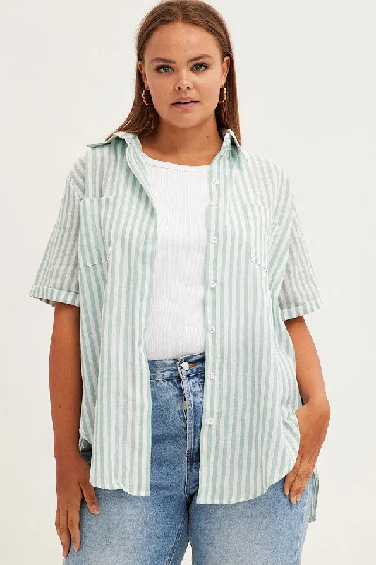 Green Stripe Relaxed Shirt Short Sleeve Button Up