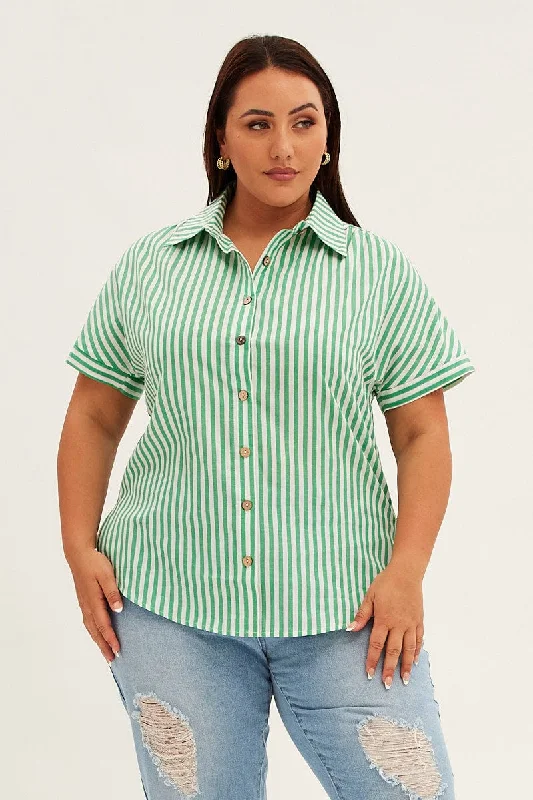 Green Stripe Relaxed Shirt Short Sleeve Button Up