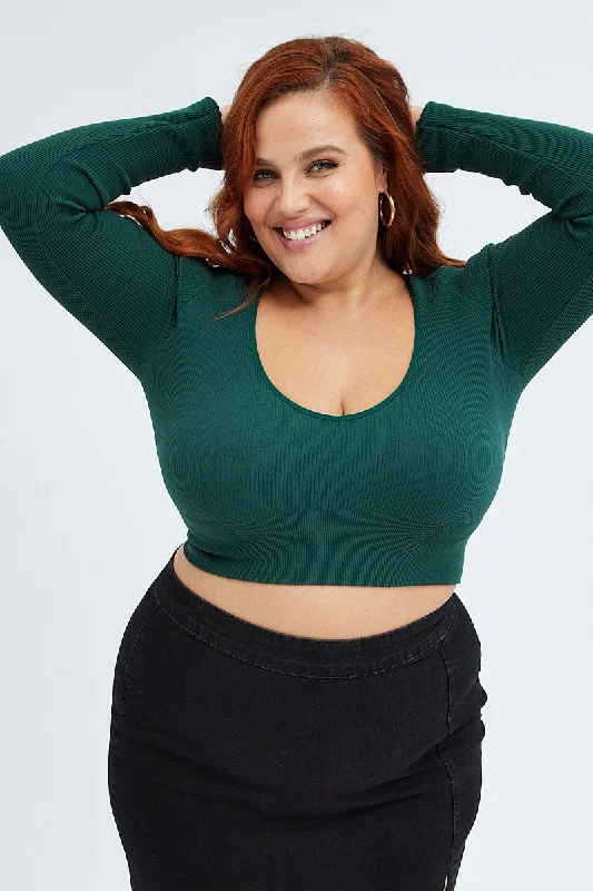 Green Top Long Sleeve V-neck Seamless