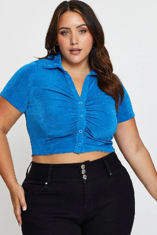 Mid Blue Ruched Shirt Short Sleeve Slinky Jersey