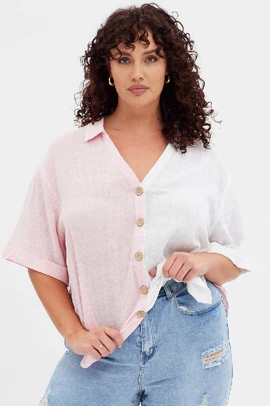 Pink Short Sleeve V-neck Loose Fit Color Block Shirt