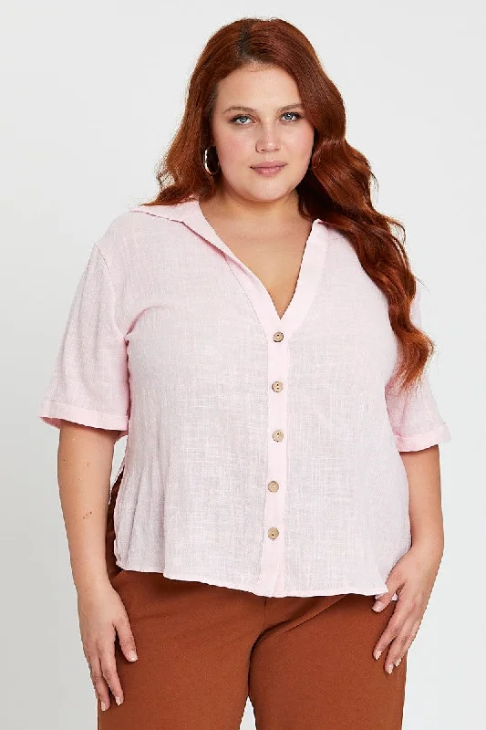 Pink V-neck Shirt Short Sleeve Textured