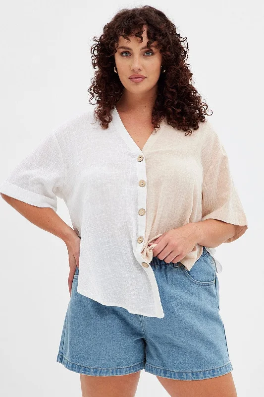 White Short Sleeve V-neck Loose Fit Color Block Shirt