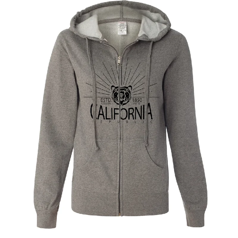 California Golden State Black Print Ladies Lightweight Fitted Zip-Up Hoodie