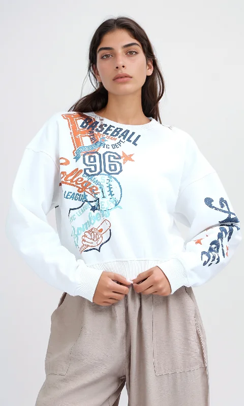 O179913 "Baseball" Printed Cropped Sweatshirt - Off-White