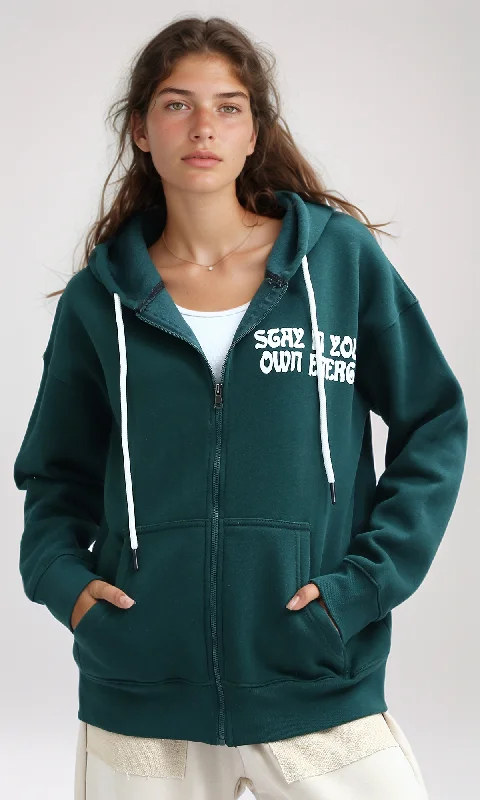 O199199 Zipper Through Pocket Printed Hoodie - Dark Green