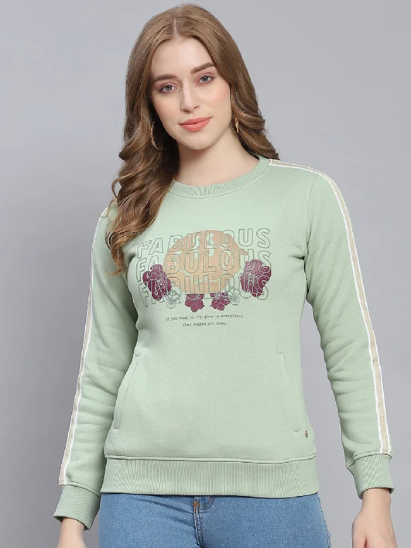 Women Green Printed Round Neck Full Sleeve Sweatshirts