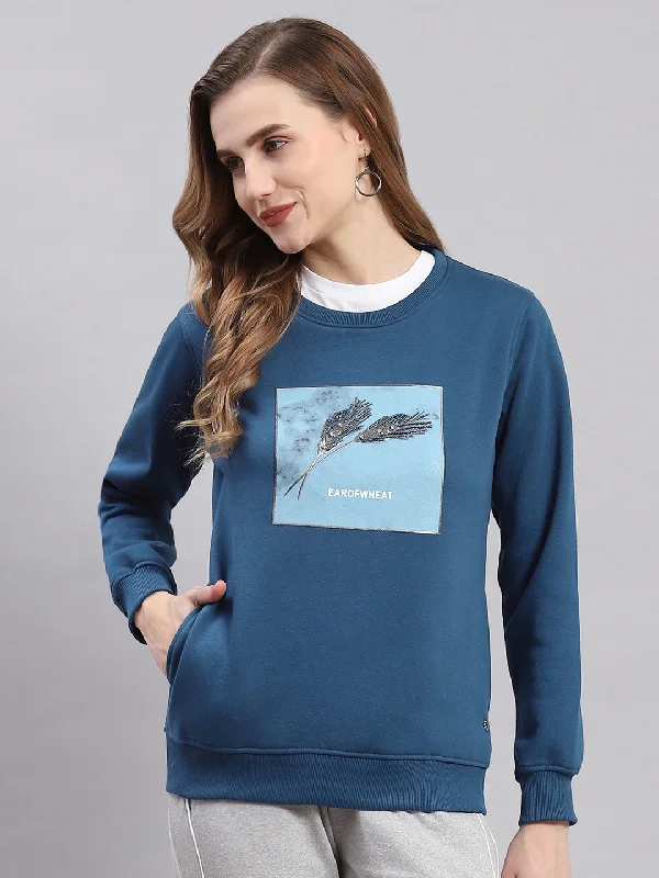 Women Navy Blue Printed Round Neck Full Sleeve Sweatshirts