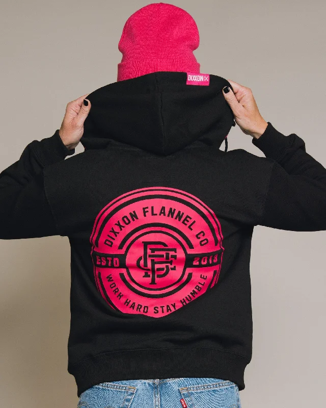 Women's Pink Work Hard Badge Zip Up Hoodie - Black