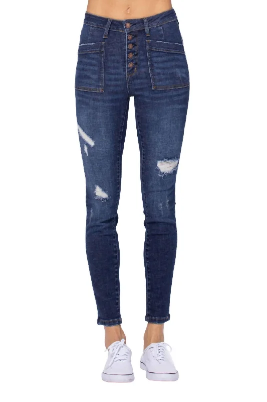 Cargo Patch High Rise Skinny Jean In Dark Blue