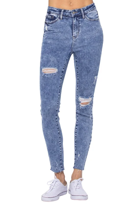 High Rise Destroyed Skinny Jean In Acid Wash