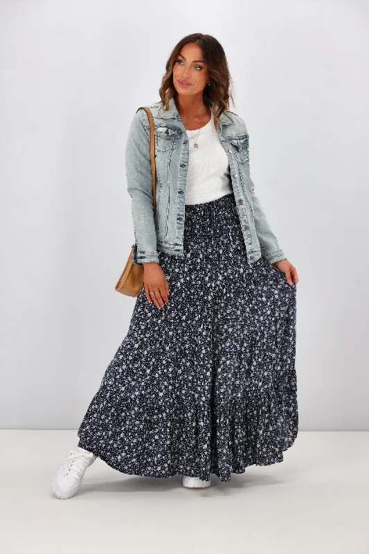 New U Collection Ditsy Floral Navy Maxi Skirt