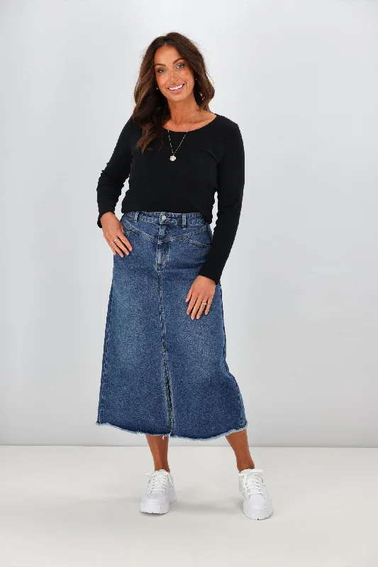 Shine On Label Lawson Angle Yoke Long Denim Skirt Indigo