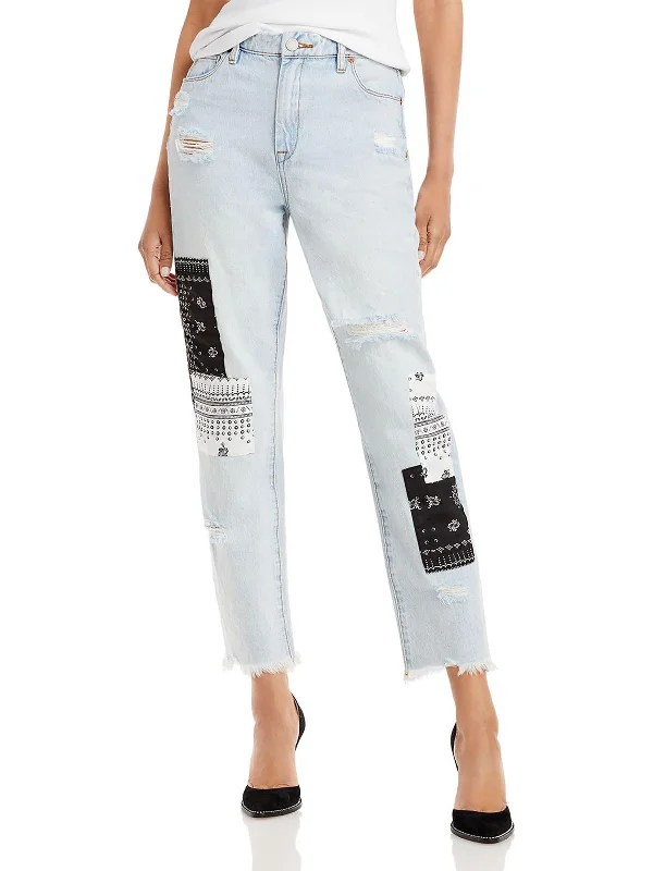 Womens Patchwork Cutoff Ankle Jeans